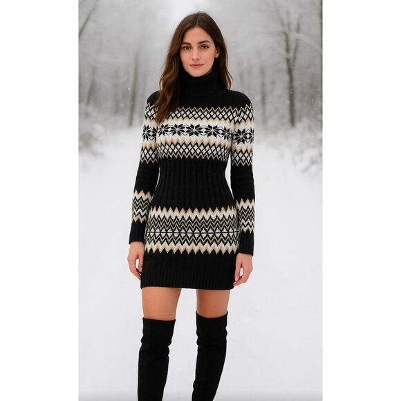 Sweaters - Nordic Fair Isle womens turtleneck sweater dress Size small black office Cozy